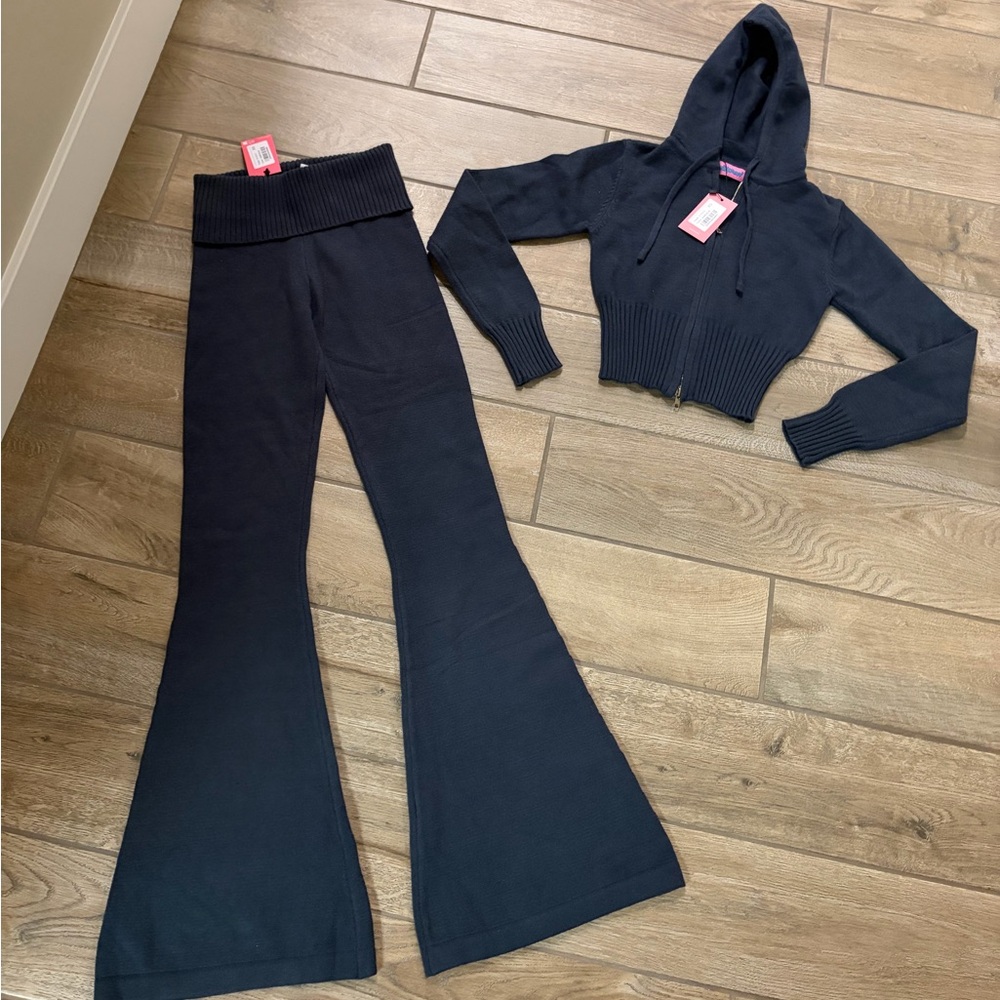 Edikted Desiree Knitted Hooded Cardigan set two-way zipper flare pants XS new